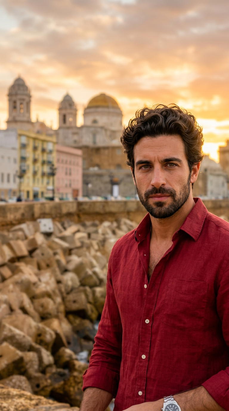 Iago Alba ante la silueta de Cádiz y su catedral al atardecer