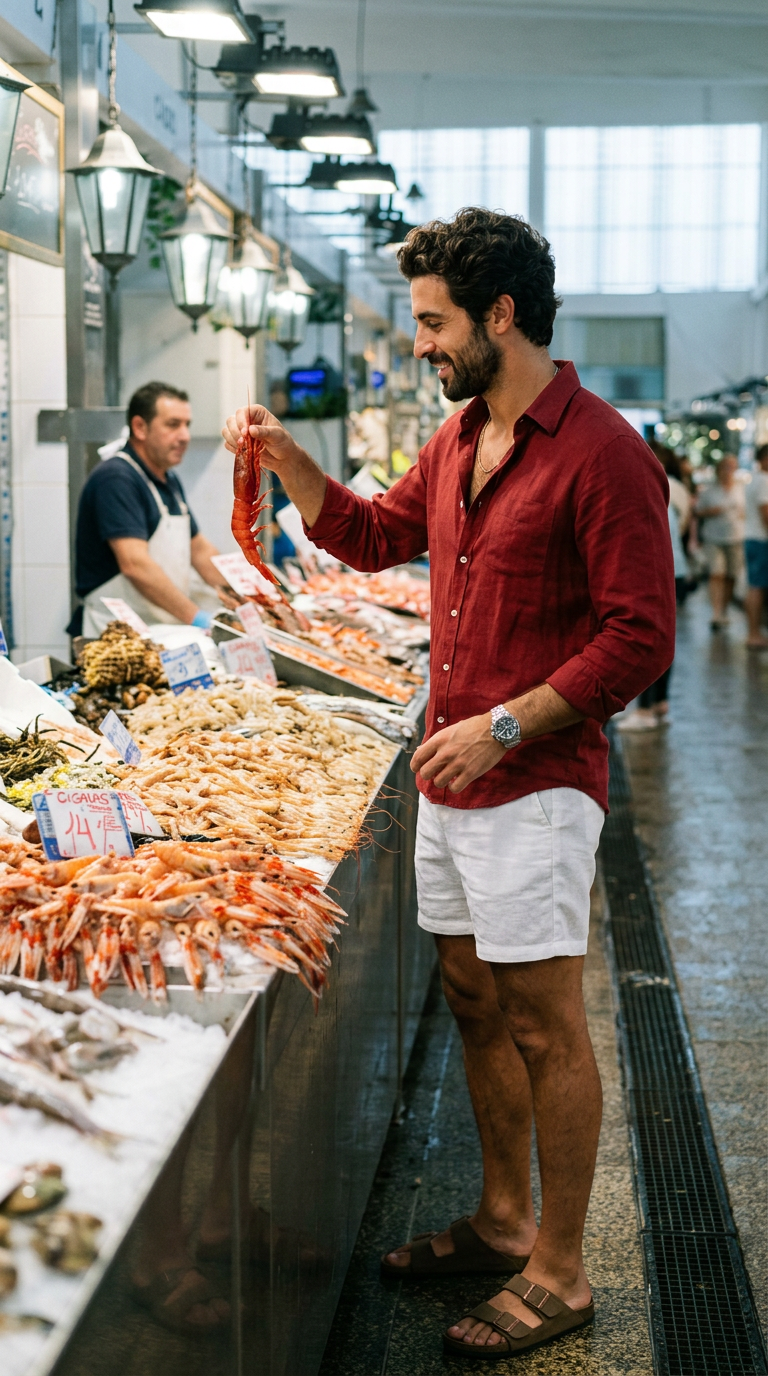 Iago Alba junto a un puesto de pescado y marisco del Mercado Central de Cádiz.
