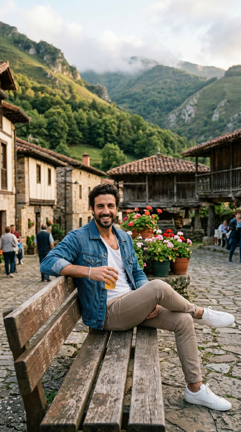 Iago Alba sentado en un pueblo de Asturias con montañas al fondo