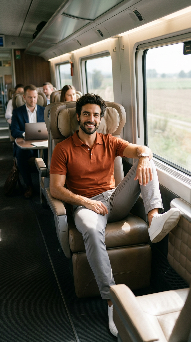 Iago Alba viajando en tren y mirando a cámara